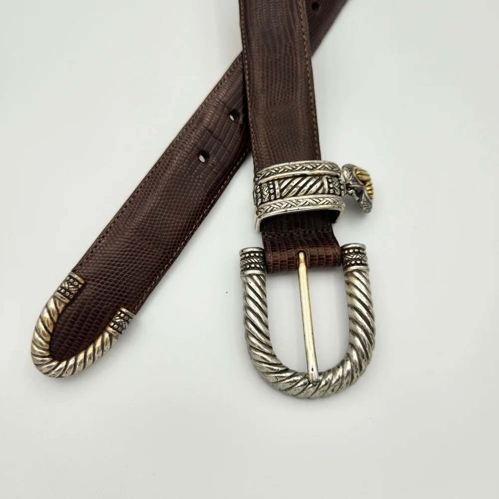 Vintage Brighton Brown Leather Belt Silver Heart Charm Buckle Western Y2K‎